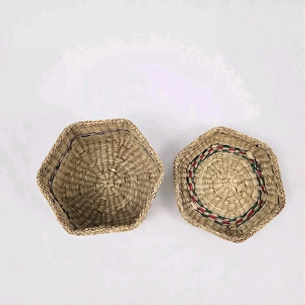 Sweetgrass Basket W/ Lid Hexagon Storage Trinket Box Vintage Boho Coastal